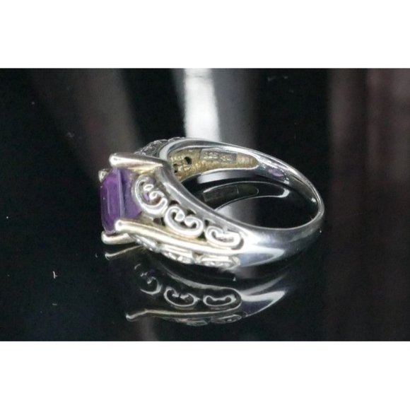 Sterling Silver Ring With Square Amethyst Gemstone & Ornate Filigree Design Size - Picture 3 of 11